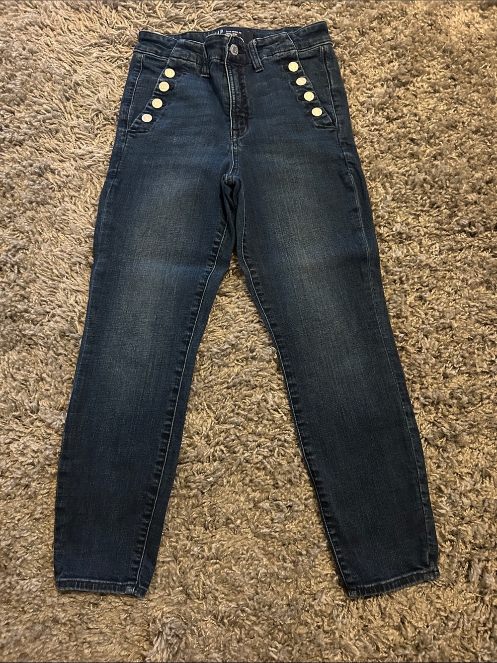 GAP Dark Blue High-Rise Universal Legging Jeans with Button Accent Size 6/28 Reg